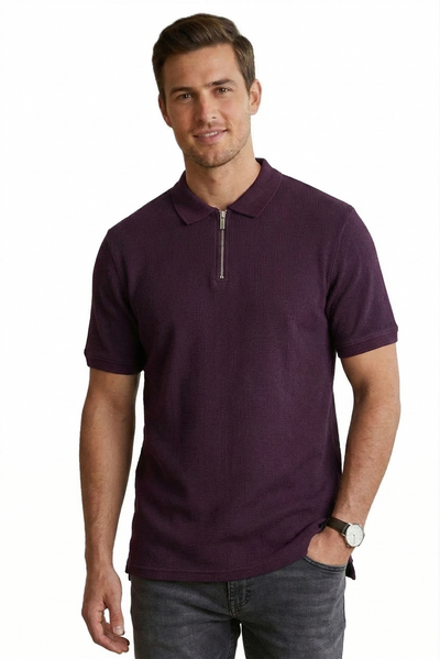 IDENTITI Men Slim Fit Polo Collar Solid T-Shirt In Wine.