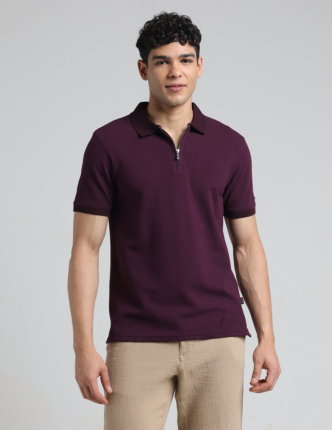 IDENTITI Men Slim Fit Polo Collar Solid T-Shirt In Wine.