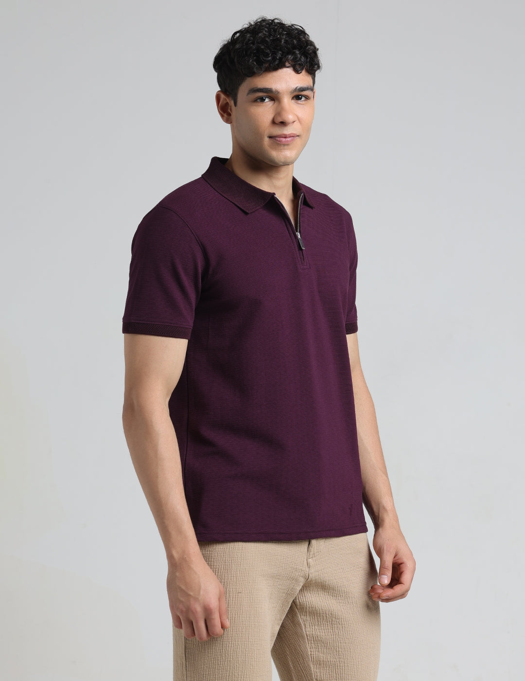 IDENTITI Men Slim Fit Polo Collar Solid T-Shirt In Wine.