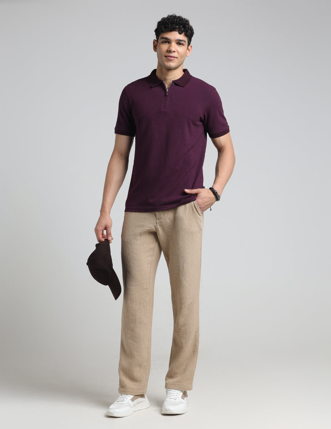 IDENTITI Men Slim Fit Polo Collar Solid T-Shirt In Wine.
