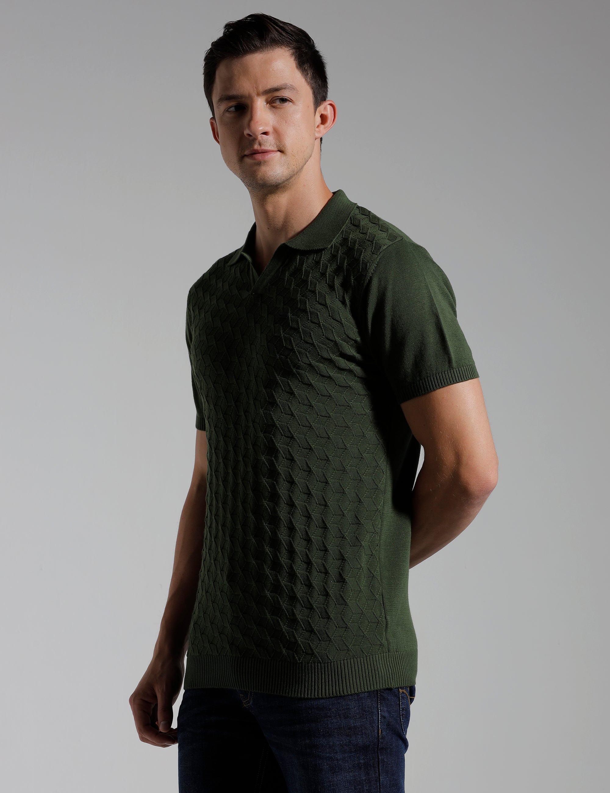 Identiti Half Sleeve Jacquard Slim Fit Cotton Casual Polo T-Shirt For Men