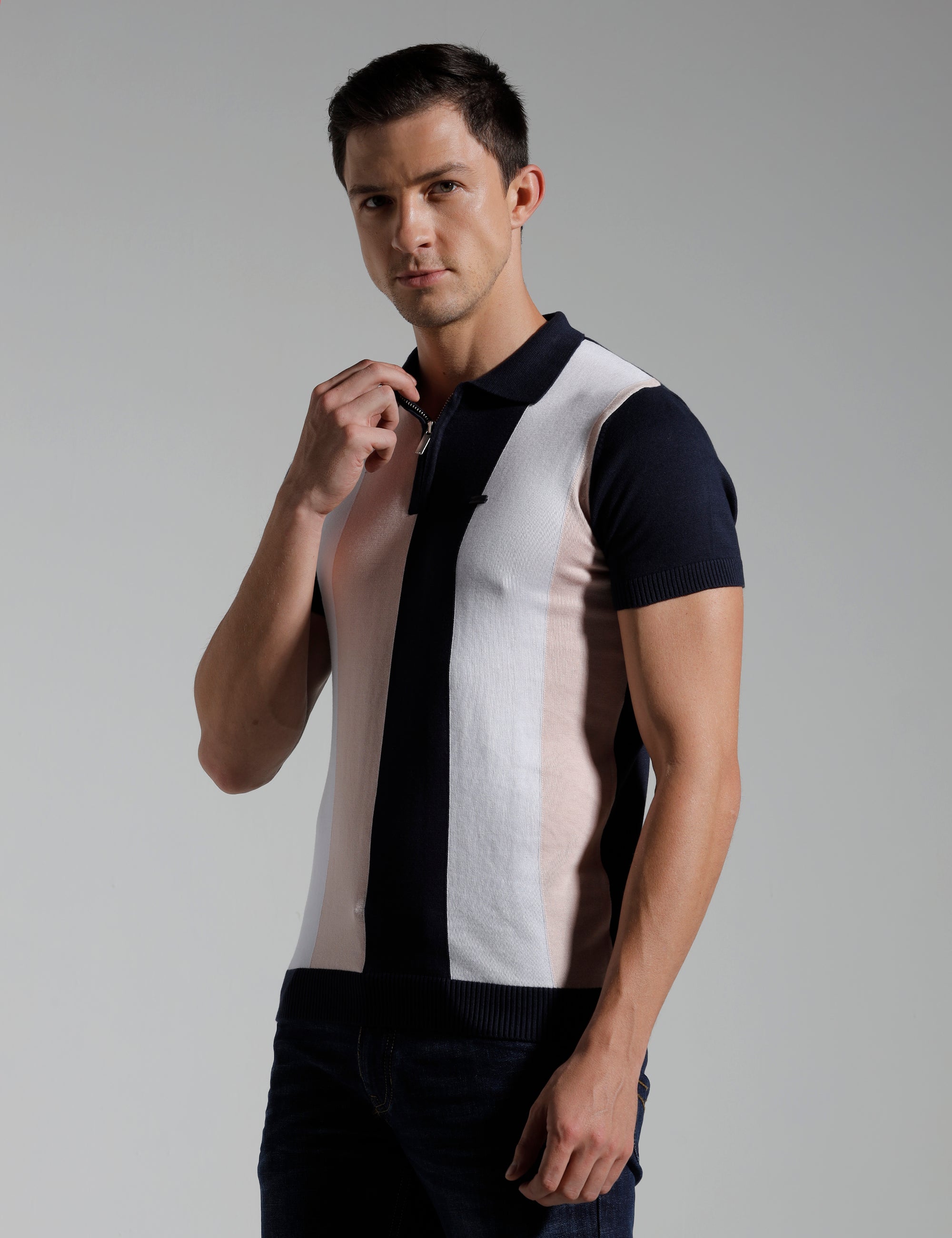 Identiti Multi Stripe Half Sleeve Slim Fit Cotton Casual Polo T-Shirt For Men