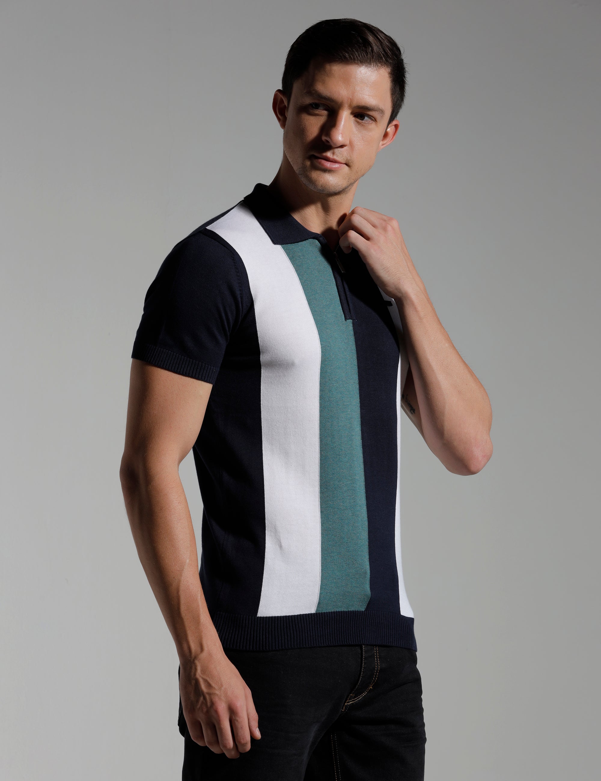 Identiti Multi Stripe Half Sleeve Slim Fit Cotton Casual Polo T-Shirt For Men