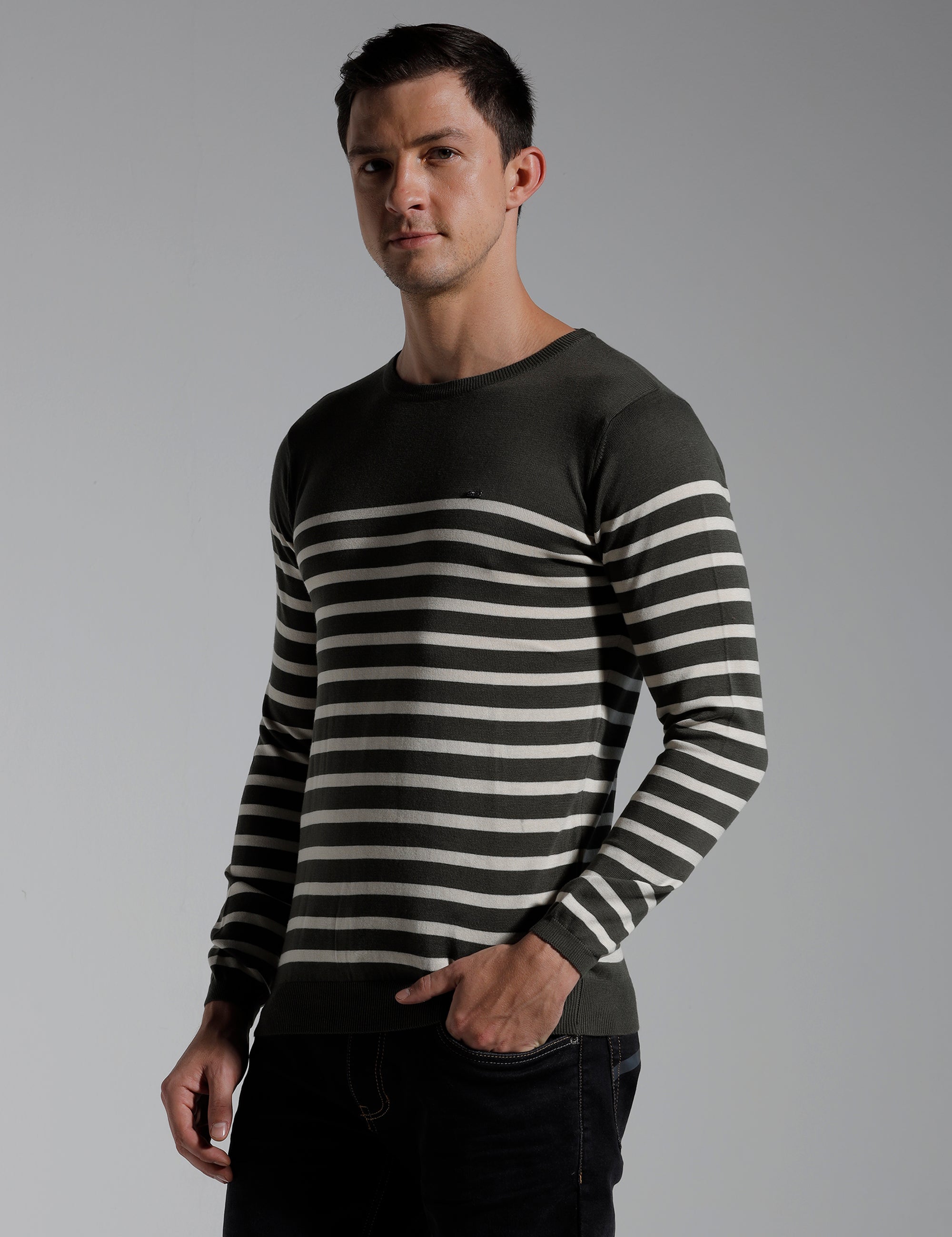 Identiti Full Sleeve Striped Slim Fit Cotton Casual Pull Over T-shirt For Men