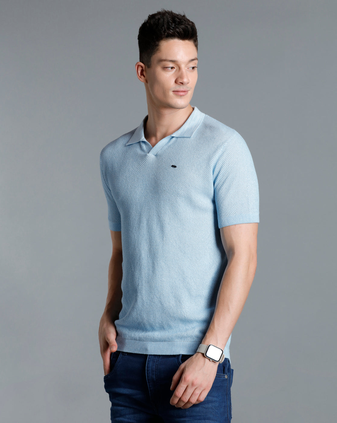 Identiti Blue Half Sleeve Solid Slim Fit Cotton Casual Polo T-Shirt For Men
