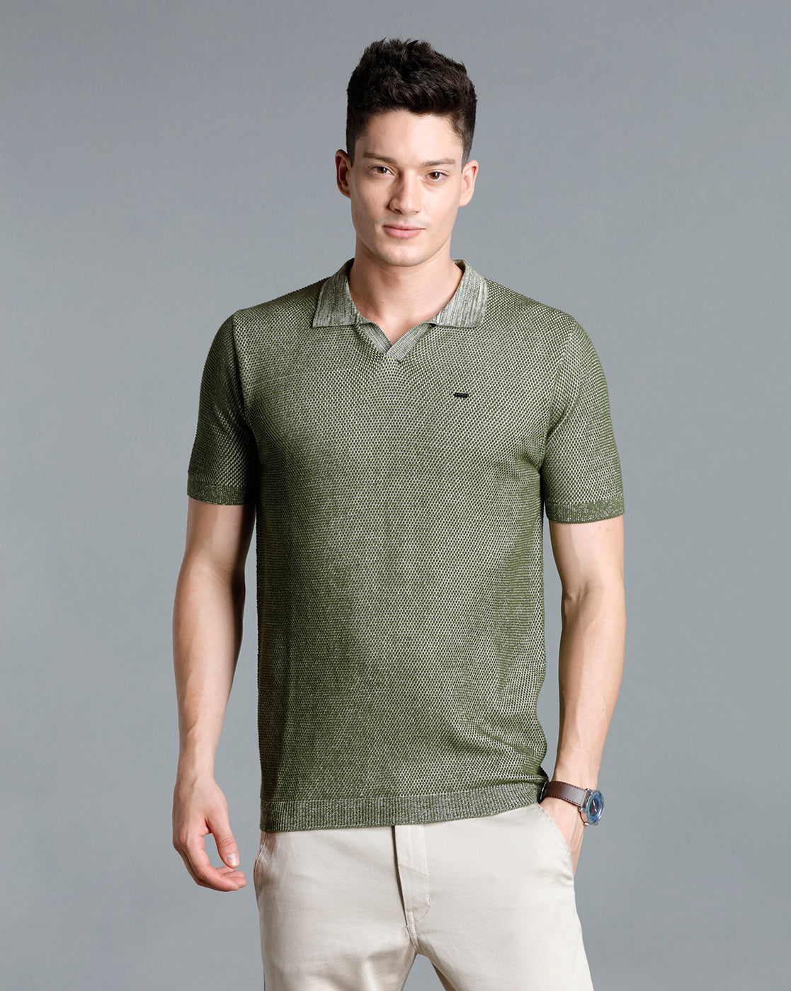 Identiti Green Half Sleeve Solid Slim Fit Cotton Casual Polo T-Shirt For Men