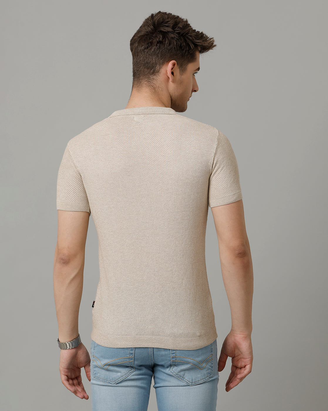 Identiti Beige Half Sleeve Solid Slim Fit Cotton Casual Polo T-Shirt For Men.