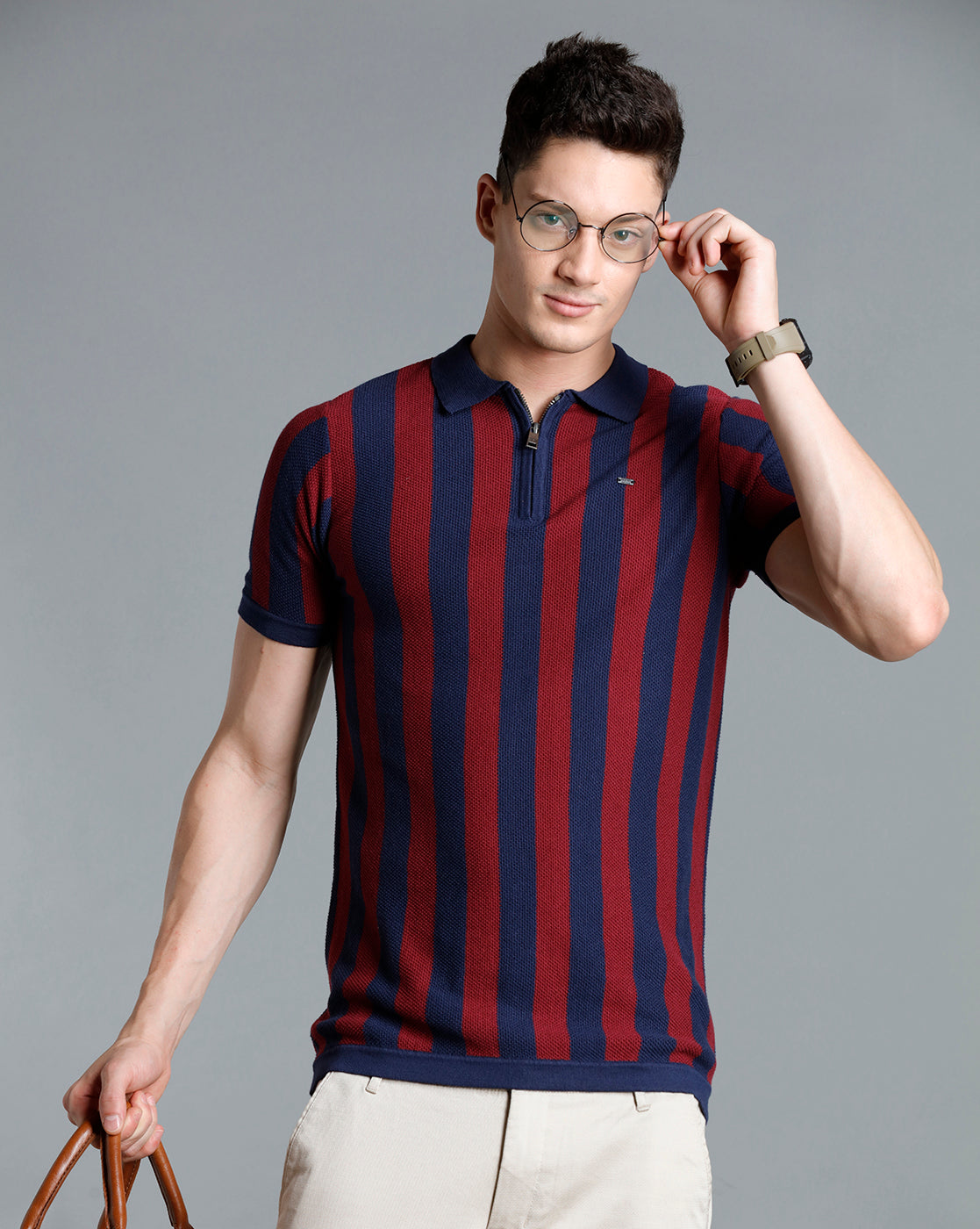 Identiti Mint Navy blue Half Sleeve Striped Slim Fit Cotton Casual Polo T-Shirt For Men
