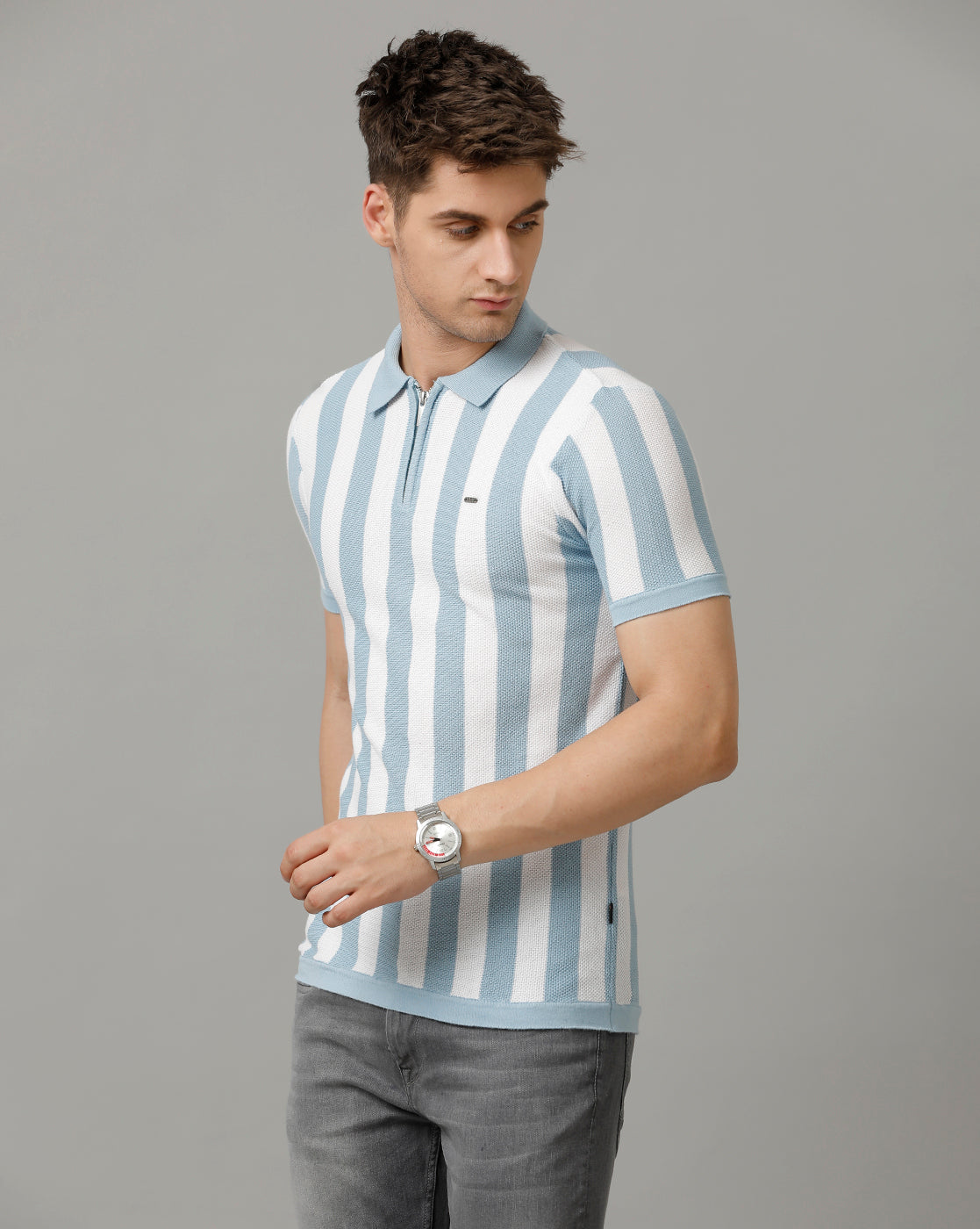 Identiti Powder blue Half Sleeve Striped Slim Fit Cotton Casual Polo T-Shirt For Men.