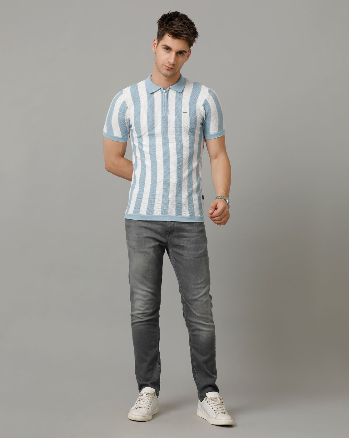 Identiti Powder blue Half Sleeve Striped Slim Fit Cotton Casual Polo T-Shirt For Men.