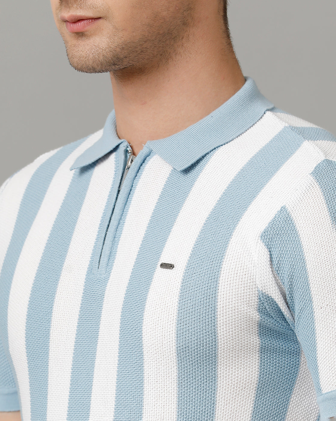 Identiti Powder blue Half Sleeve Striped Slim Fit Cotton Casual Polo T-Shirt For Men.