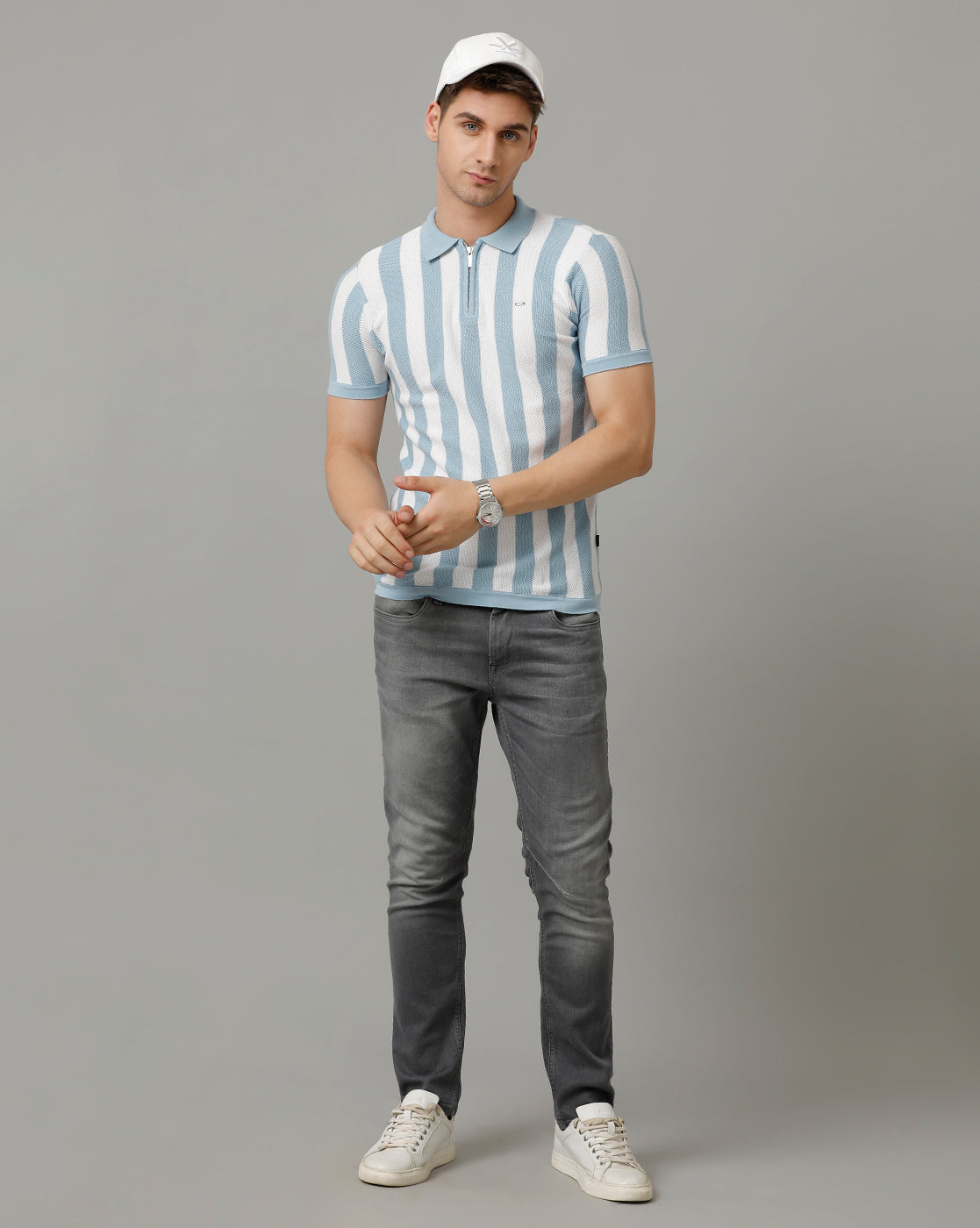 Identiti Powder blue Half Sleeve Striped Slim Fit Cotton Casual Polo T-Shirt For Men.