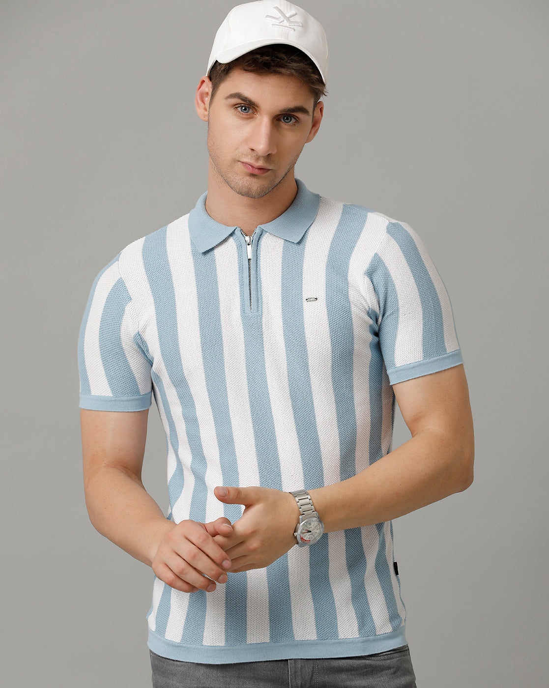 Identiti Powder blue Half Sleeve Striped Slim Fit Cotton Casual Polo T-Shirt For Men.