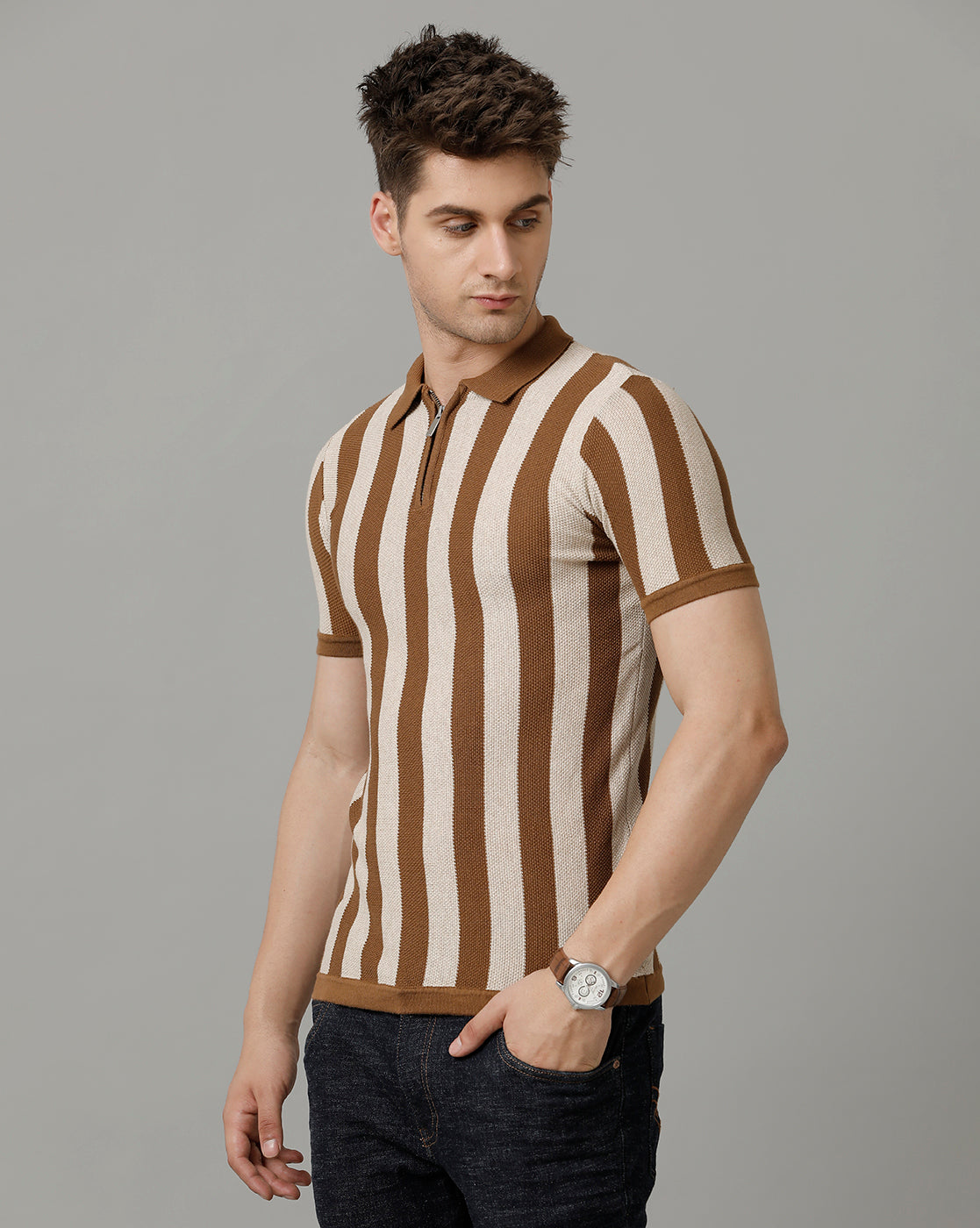 Identiti Brown Half Sleeve Striped Slim Fit Cotton Casual Polo T-Shirt For Men.