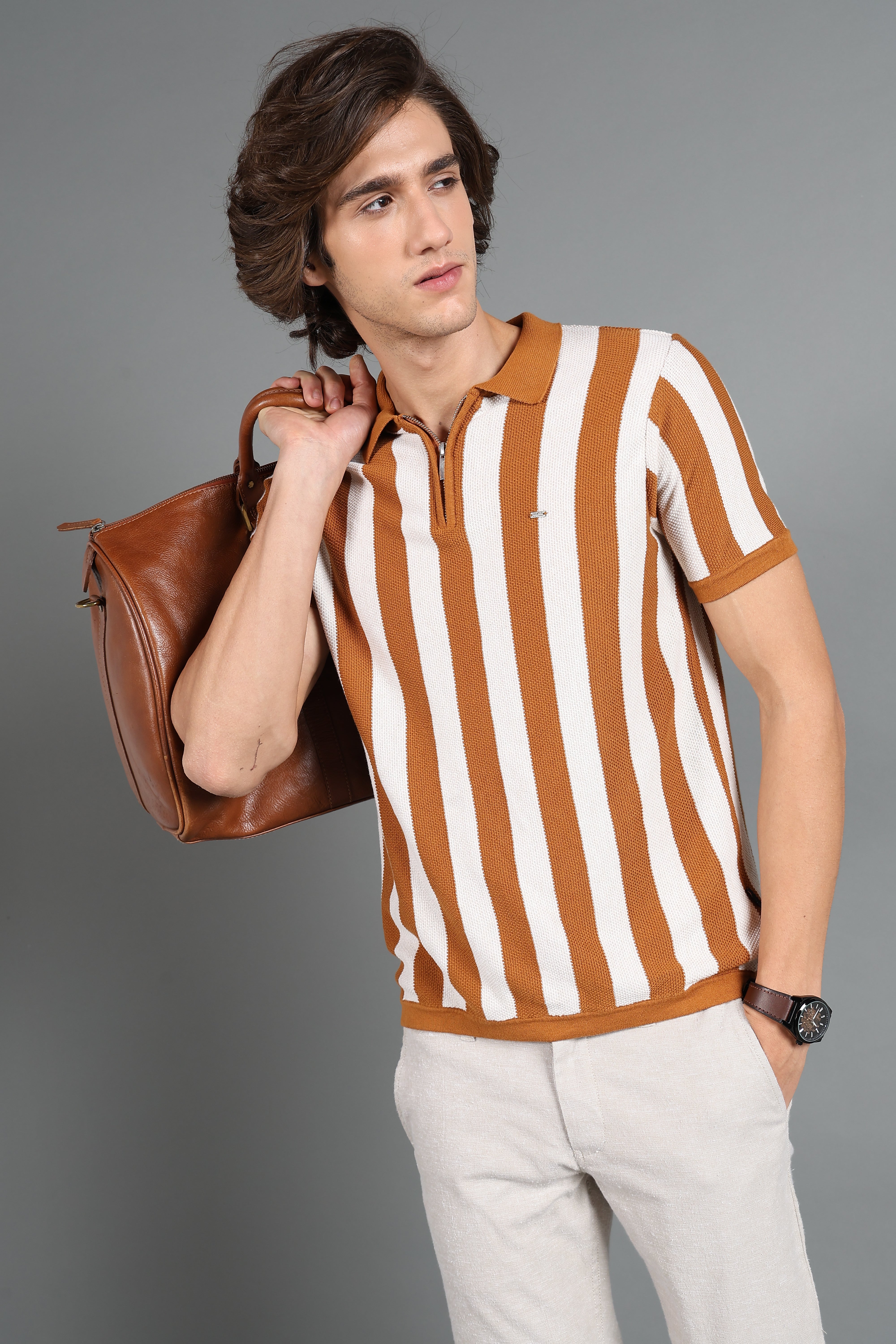IDENTITI Brown Half Sleeve Striped Slim Fit Cotton Casual Polo T-Shirt For Men.