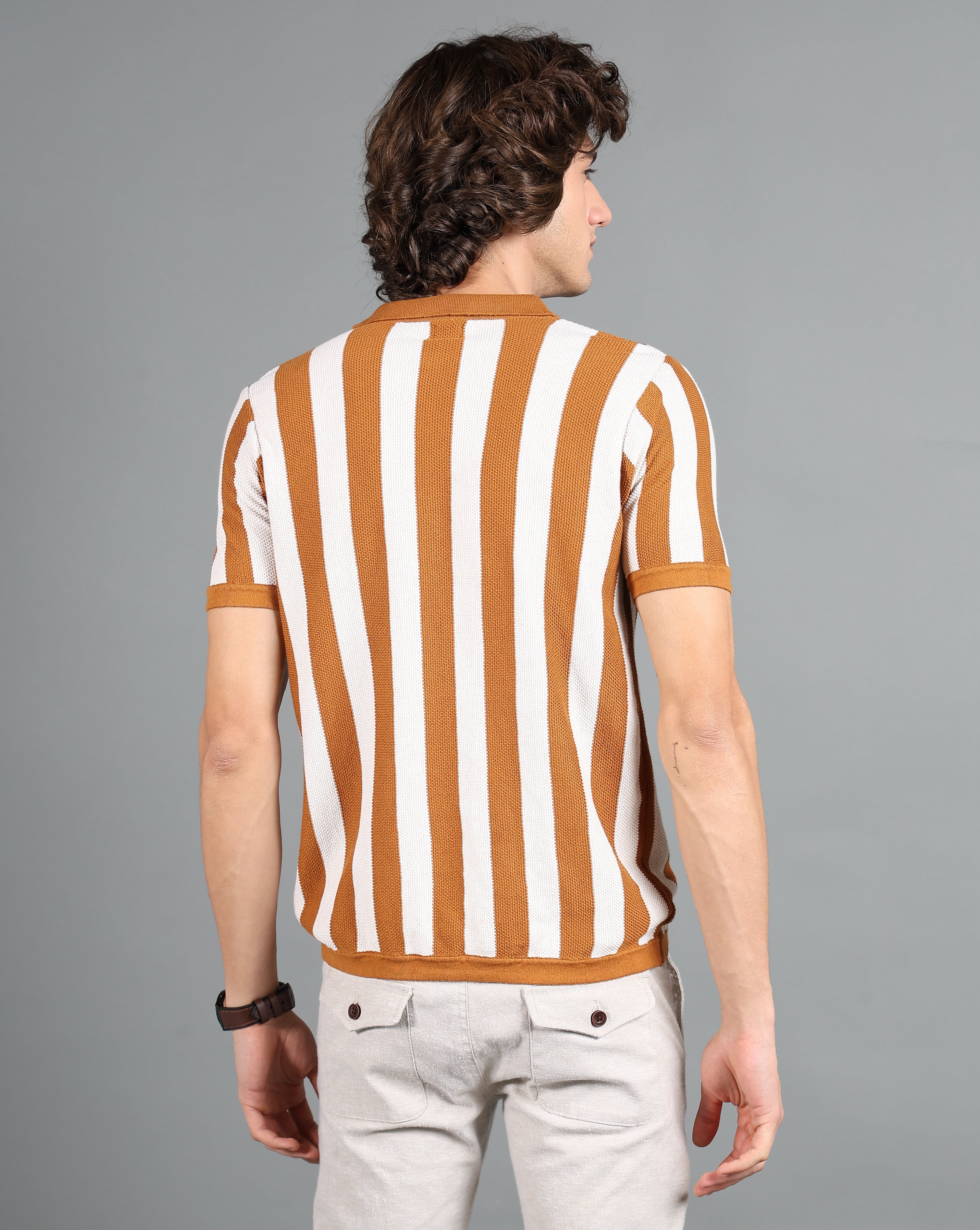 IDENTITI Brown Half Sleeve Striped Slim Fit Cotton Casual Polo T-Shirt For Men.