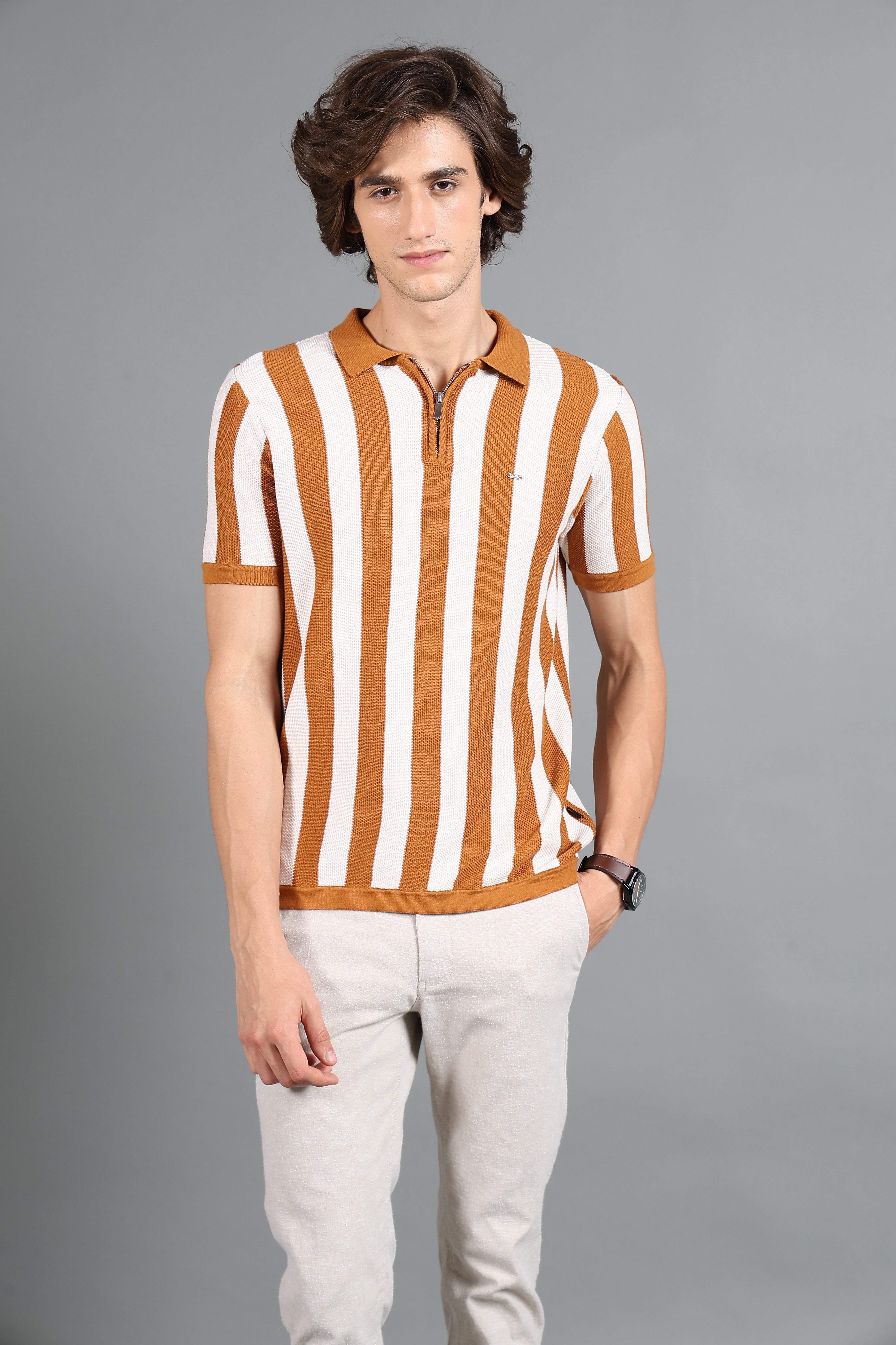 IDENTITI Brown Half Sleeve Striped Slim Fit Cotton Casual Polo T-Shirt For Men.