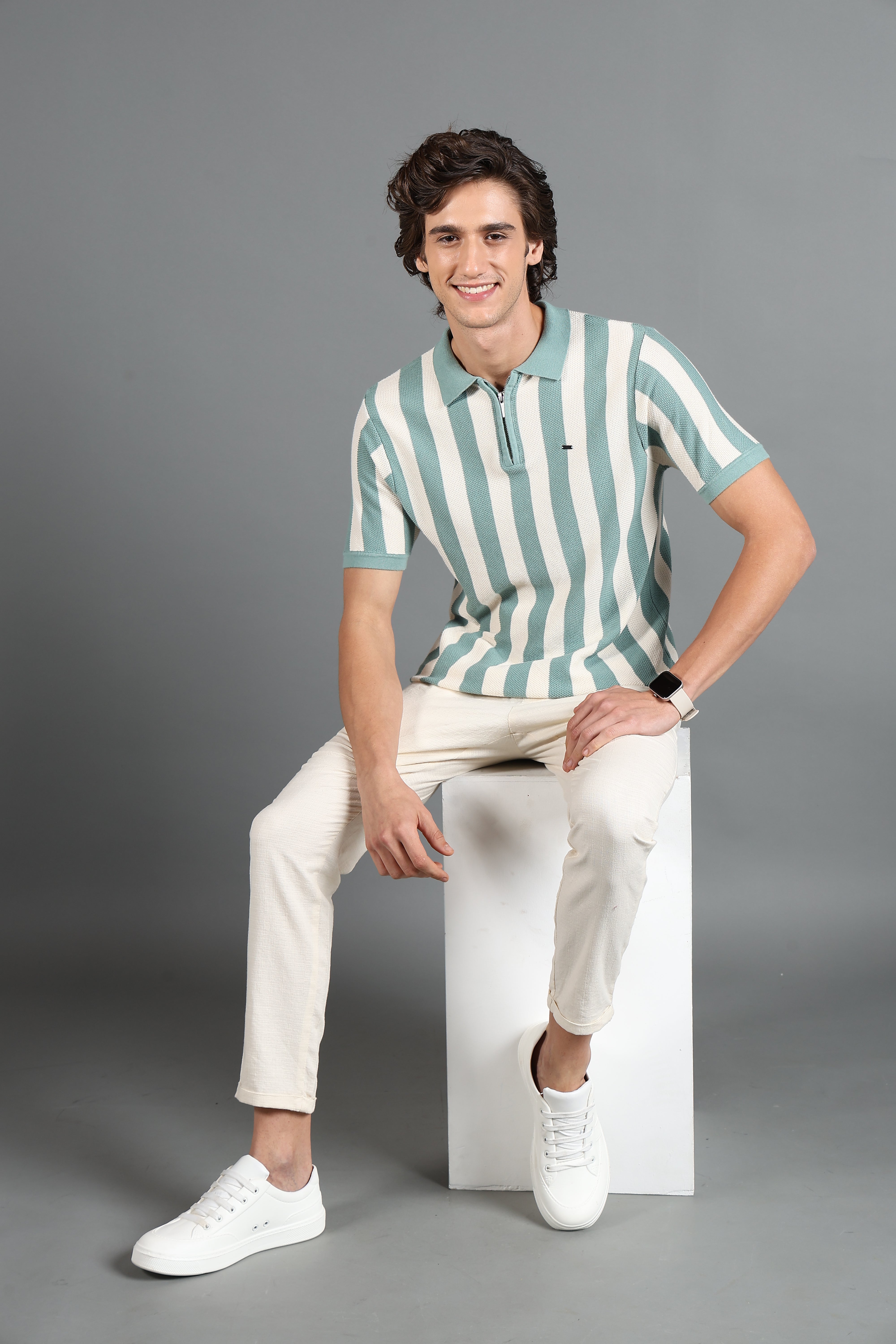 IDENTITI Mint Green Half Sleeve Striped Slim Fit Cotton Casual Polo T-Shirt For Men.