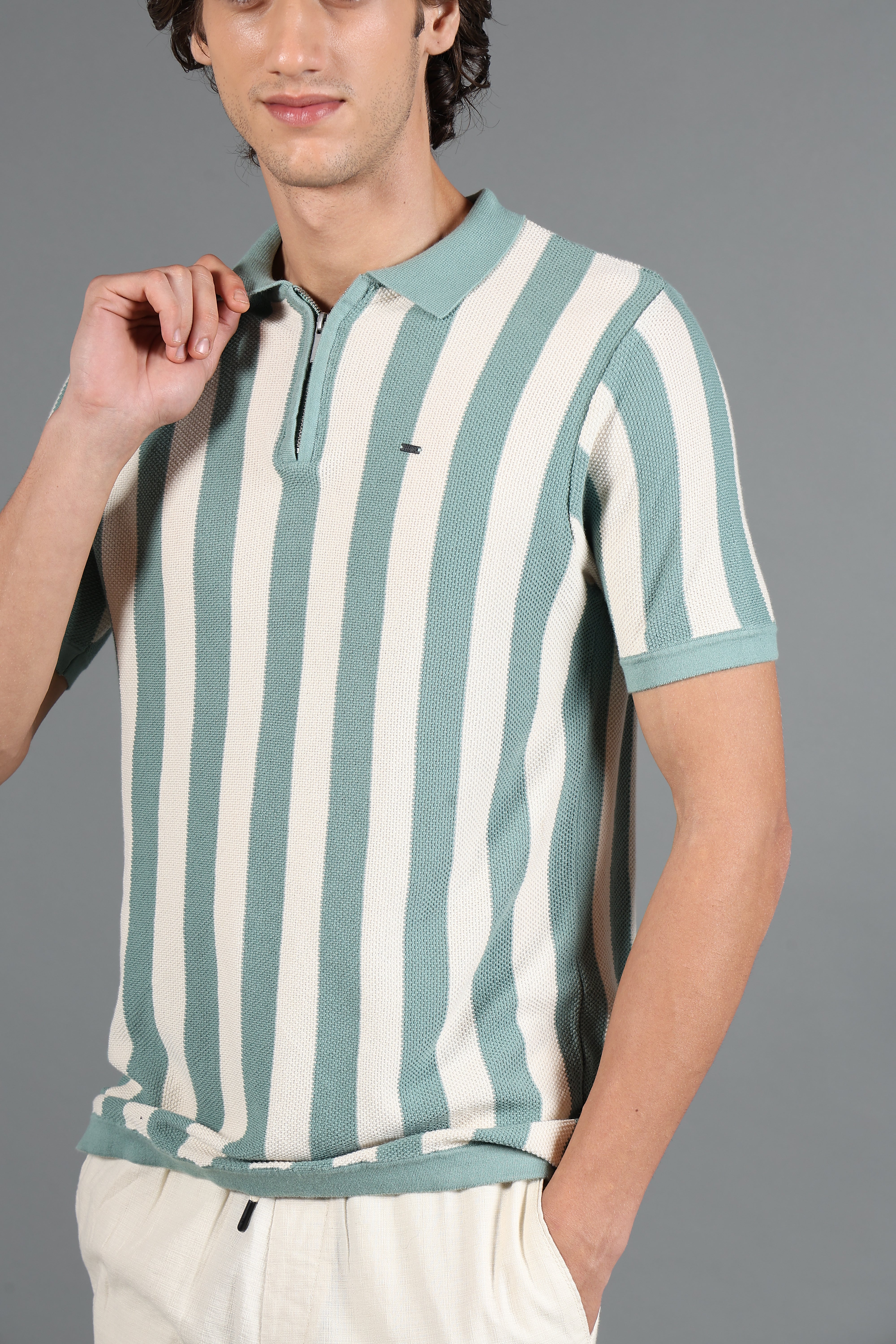 IDENTITI Mint Green Half Sleeve Striped Slim Fit Cotton Casual Polo T-Shirt For Men.