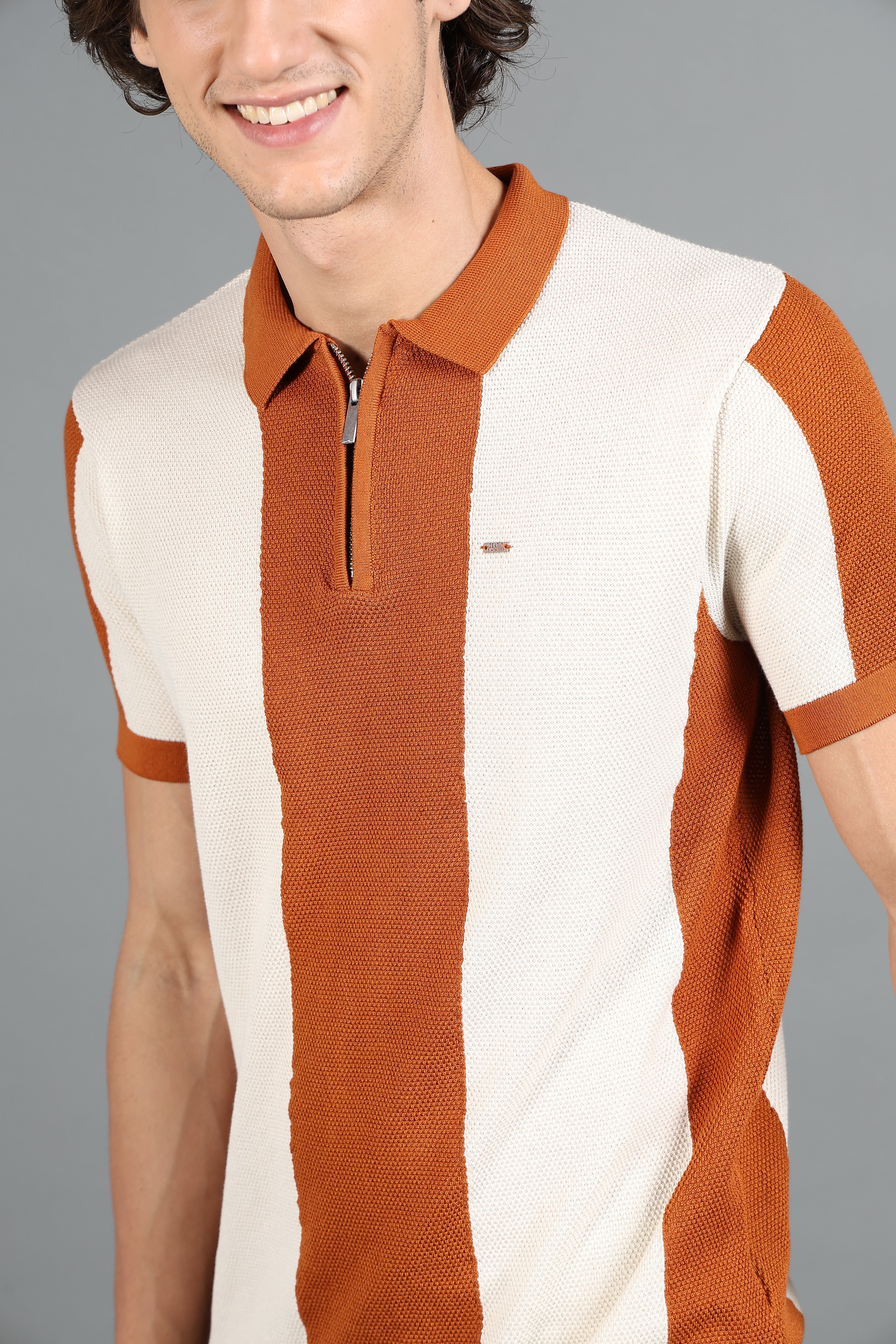 IDENTITI Mustard Half Sleeve Striped Slim Fit Cotton Casual Polo T-Shirt For Men.