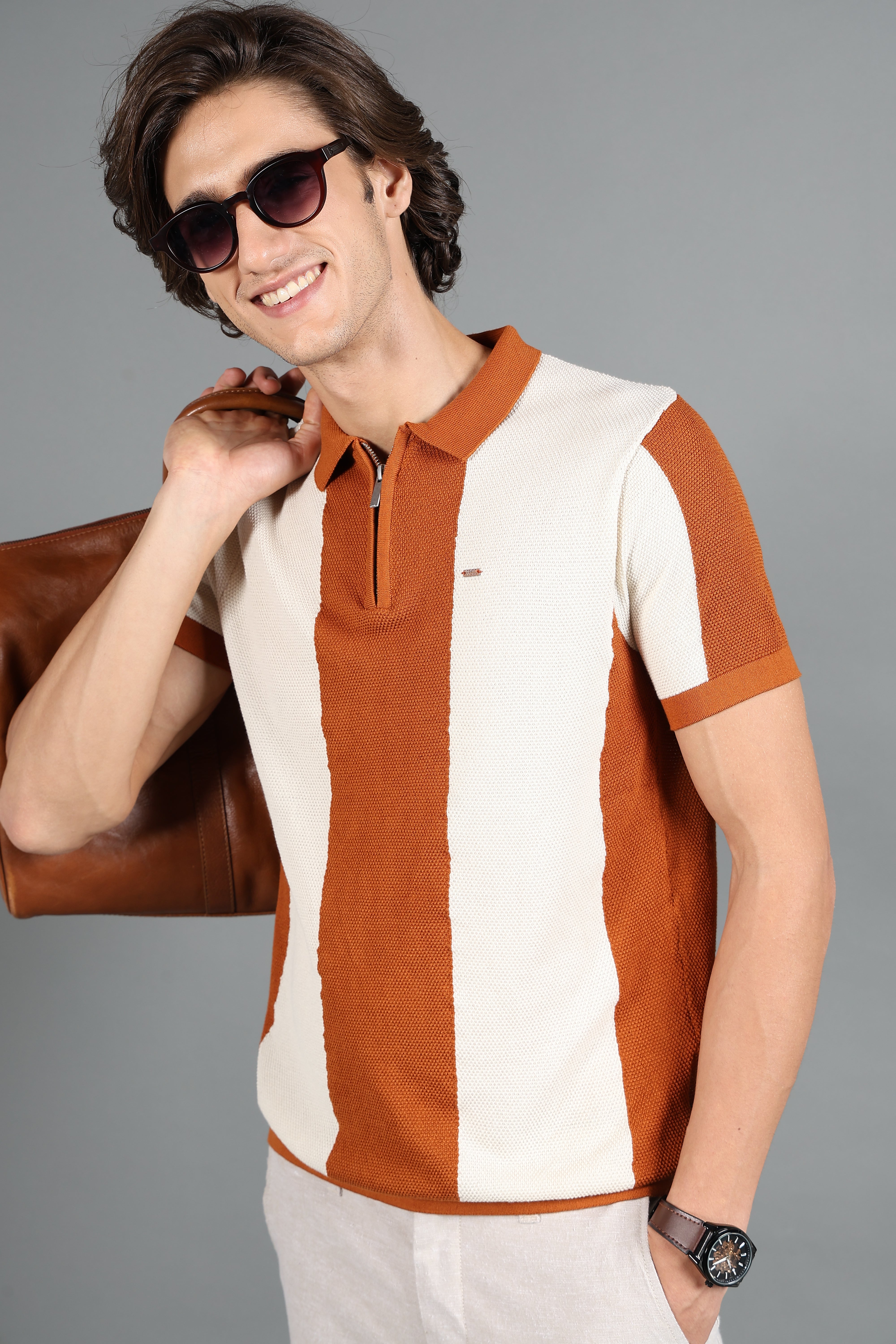 IDENTITI Mustard Half Sleeve Striped Slim Fit Cotton Casual Polo T-Shirt For Men.