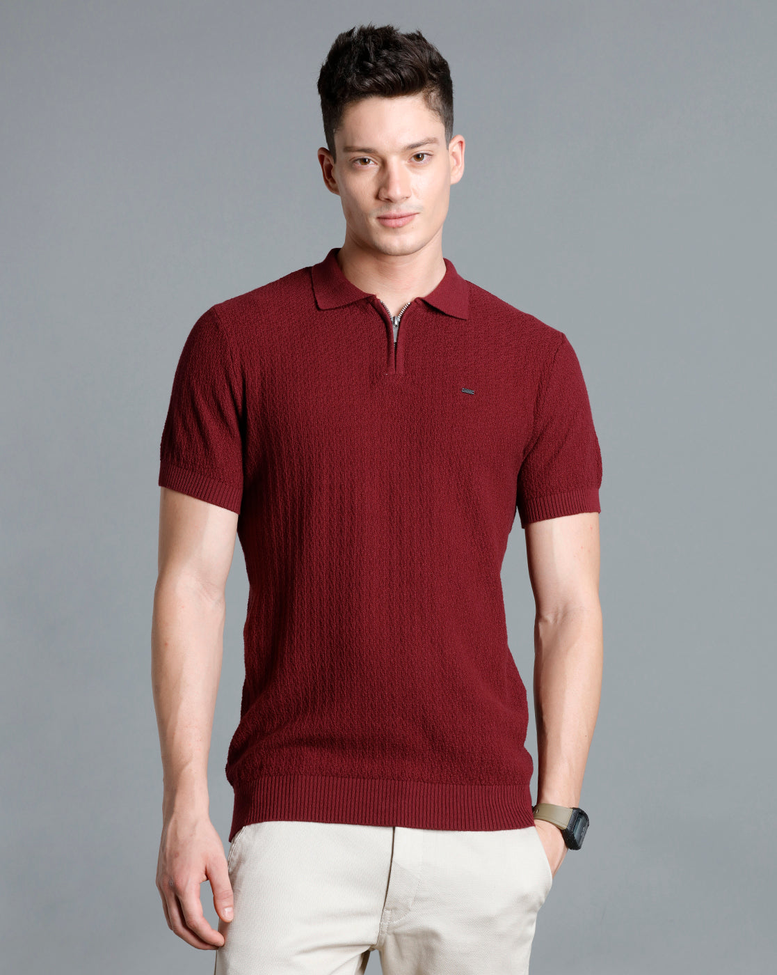 Identiti Maroon Half Sleeve Solid Slim Fit Cotton Casual Polo T-Shirt For Men