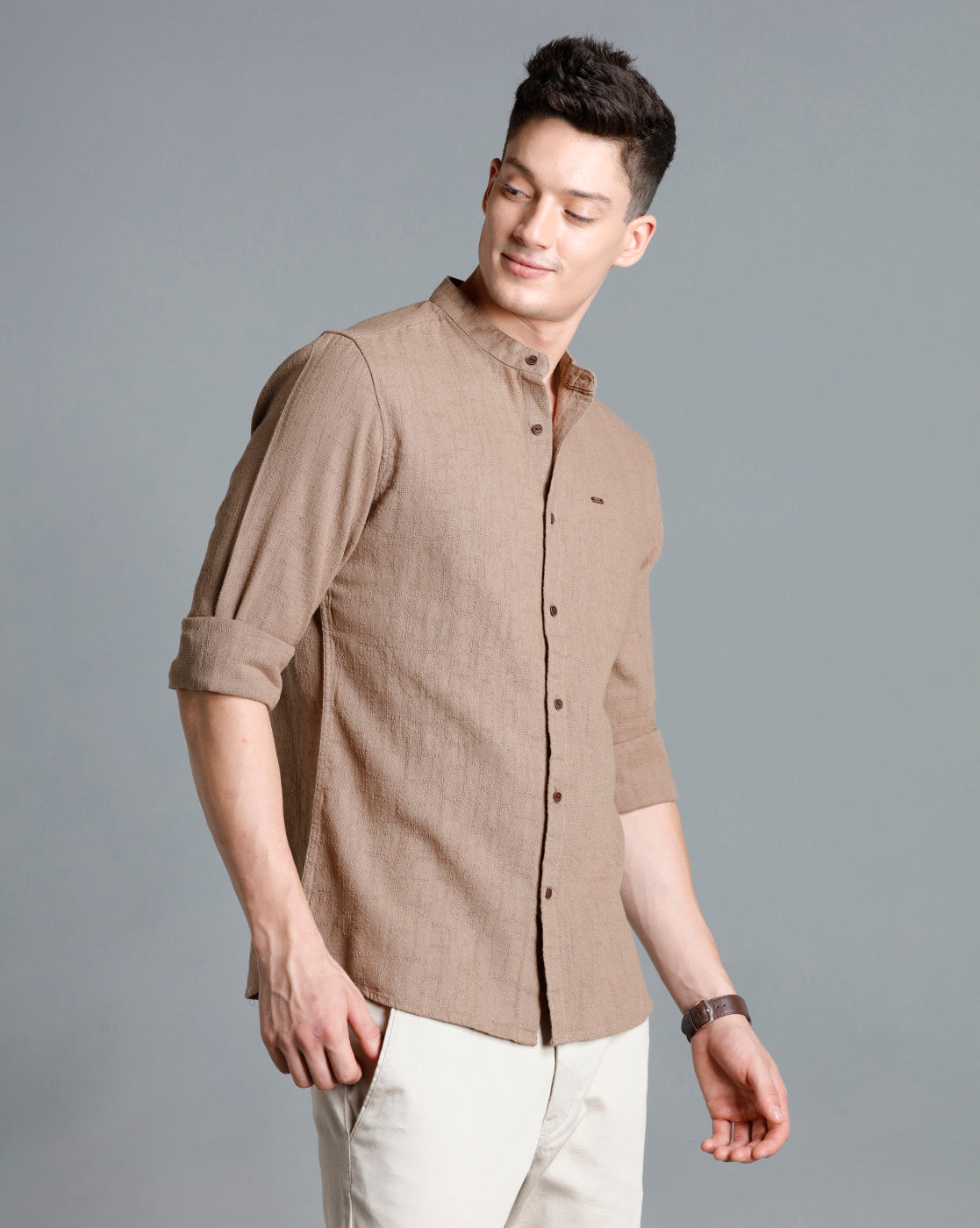 IDENTITI Men Slim Fit Mandarin Collar Solid Shirt In Beige