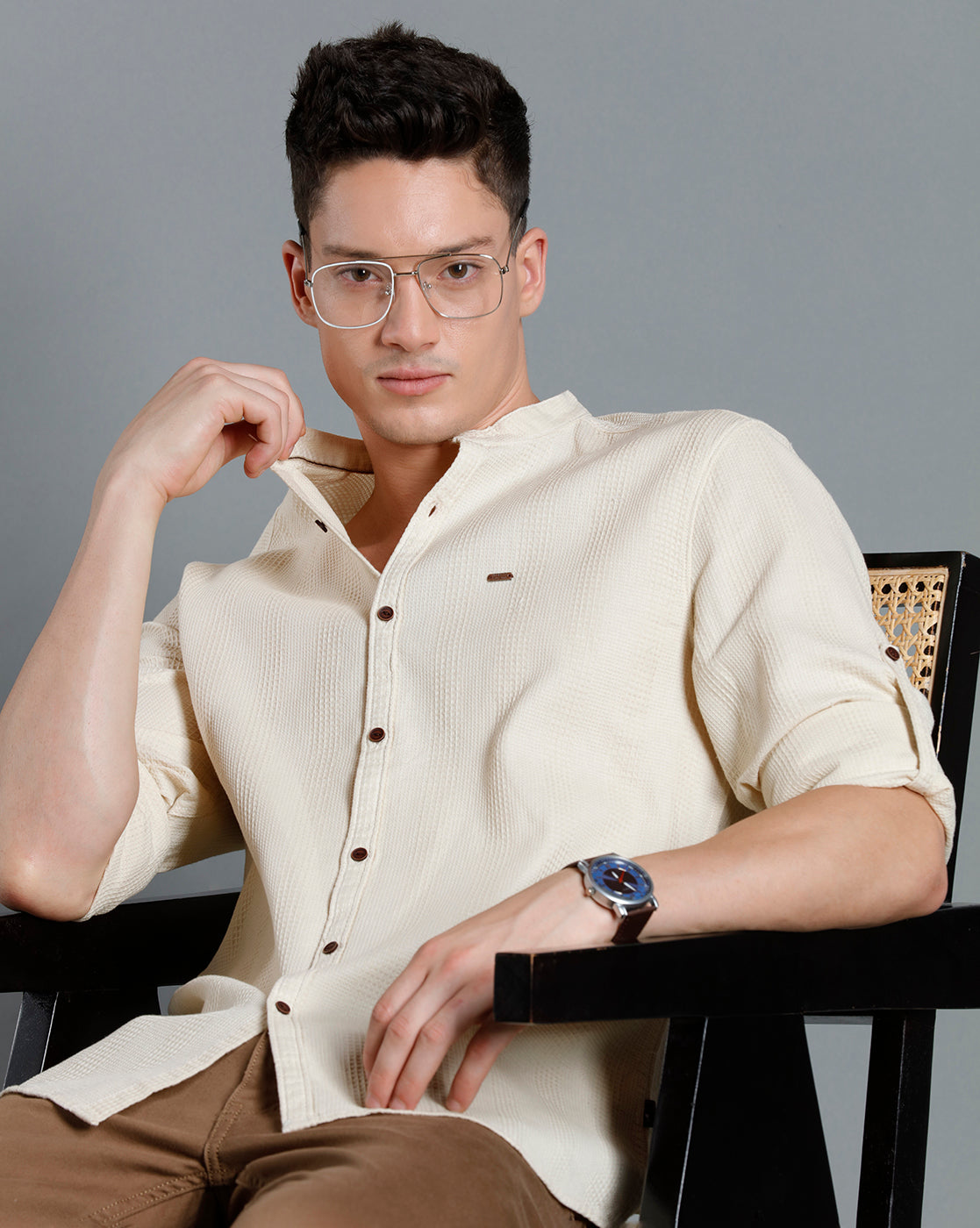 IDENTITI Men Slim Fit Mandarin Collar Solid Shirt In Beige.