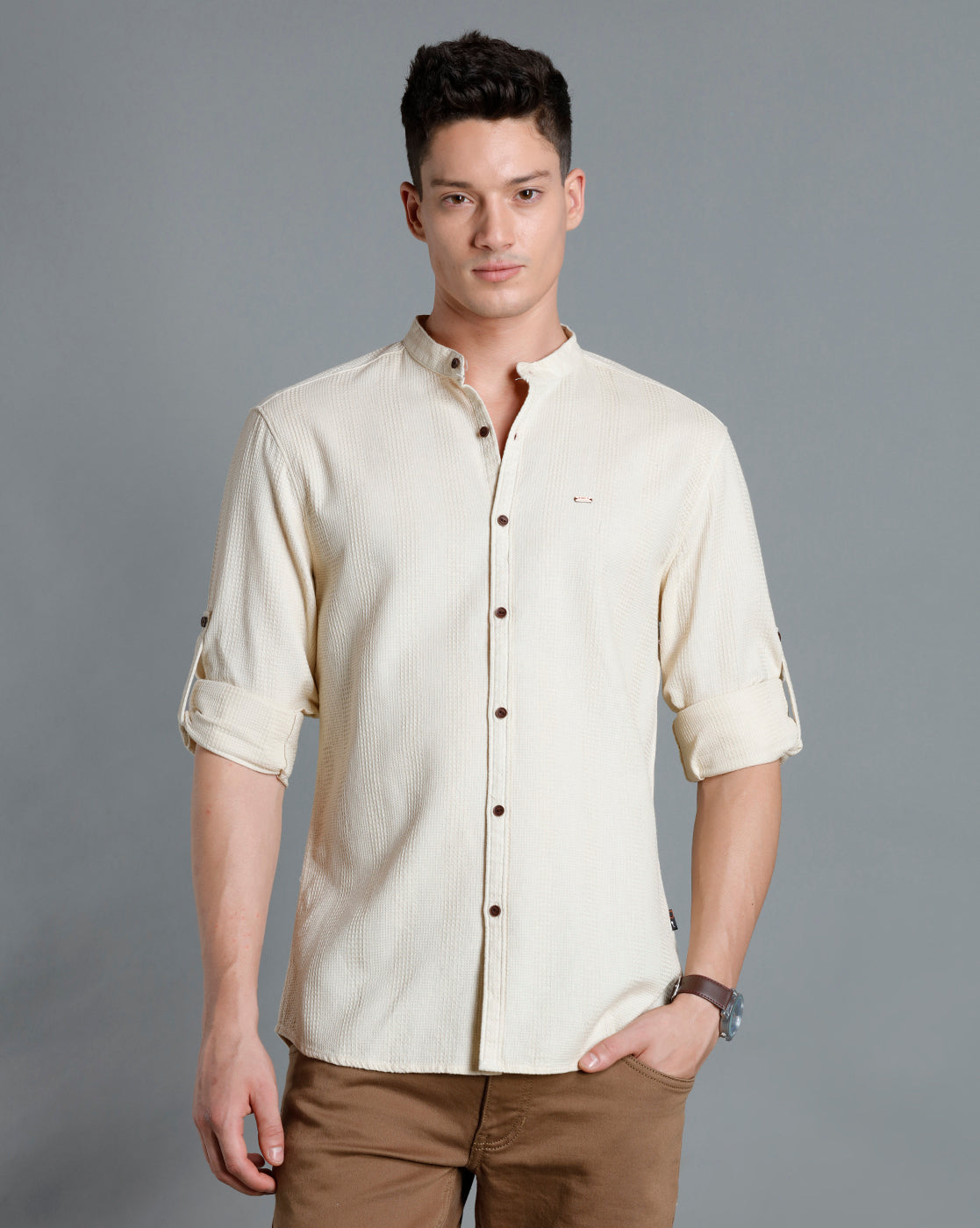 IDENTITI Men Slim Fit Mandarin Collar Solid Shirt In Beige.