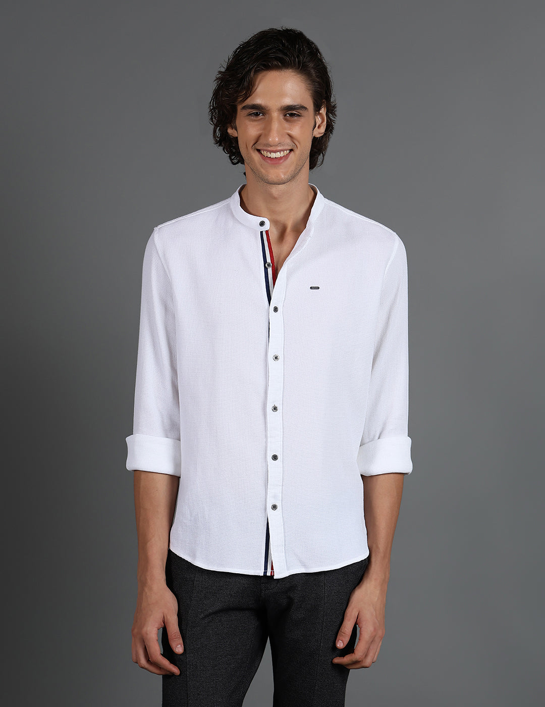 IDENTITI Men Slim Fit Mandarin Collar Solid Shirt In White