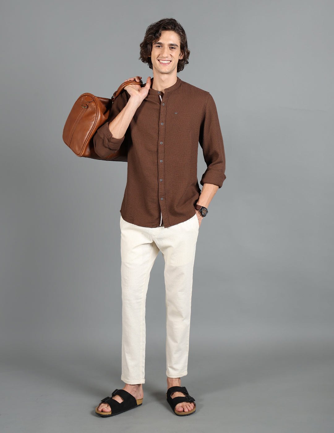 IDENTITI Men Slim Fit Mandarin Collar Solid Shirt In Brown