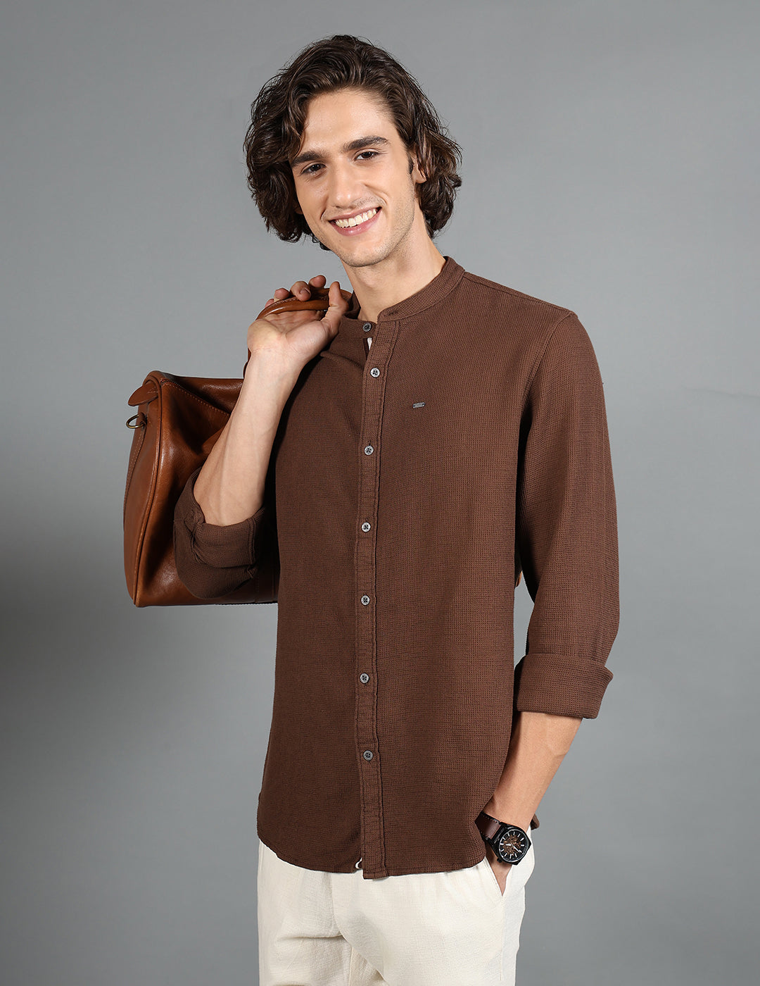 IDENTITI Men Slim Fit Mandarin Collar Solid Shirt In Brown
