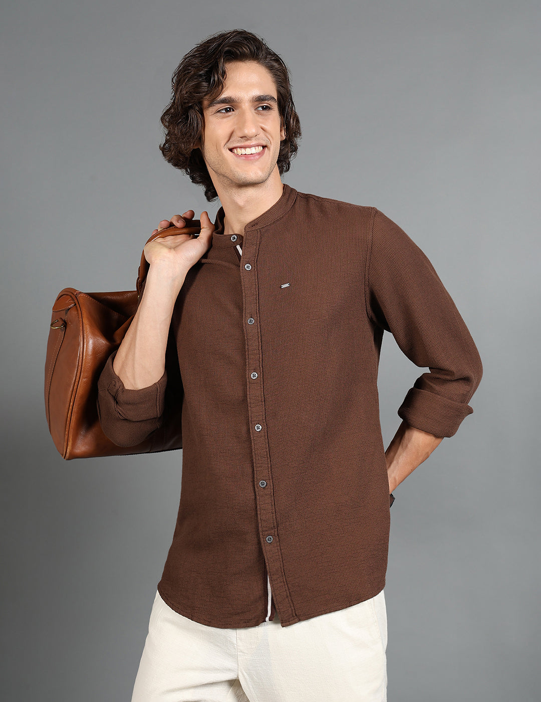 IDENTITI Men Slim Fit Mandarin Collar Solid Shirt In Brown