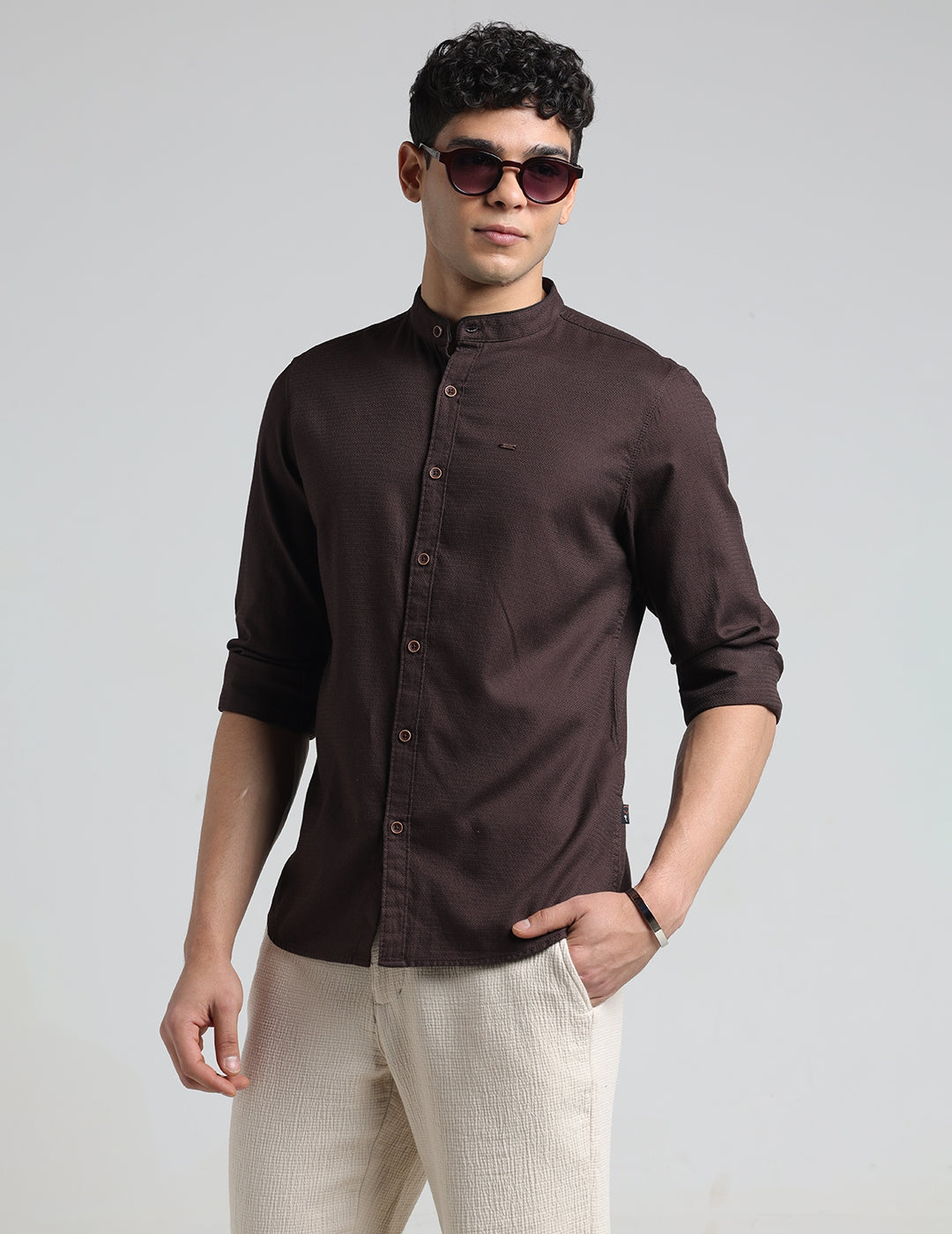 IDENTITI Men Slim Fit Mandarin Collar Solid Shirt In Brown.