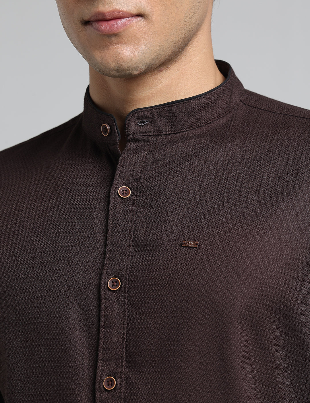 IDENTITI Men Slim Fit Mandarin Collar Solid Shirt In Brown.