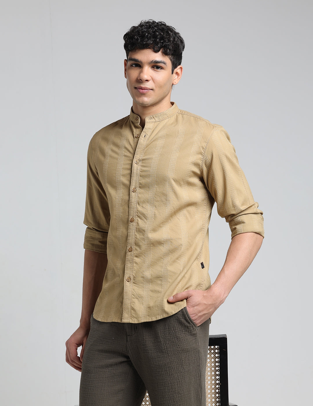 IDENTITI Men Slim Fit Mandarin Collar Solid Shirt In Khaki.