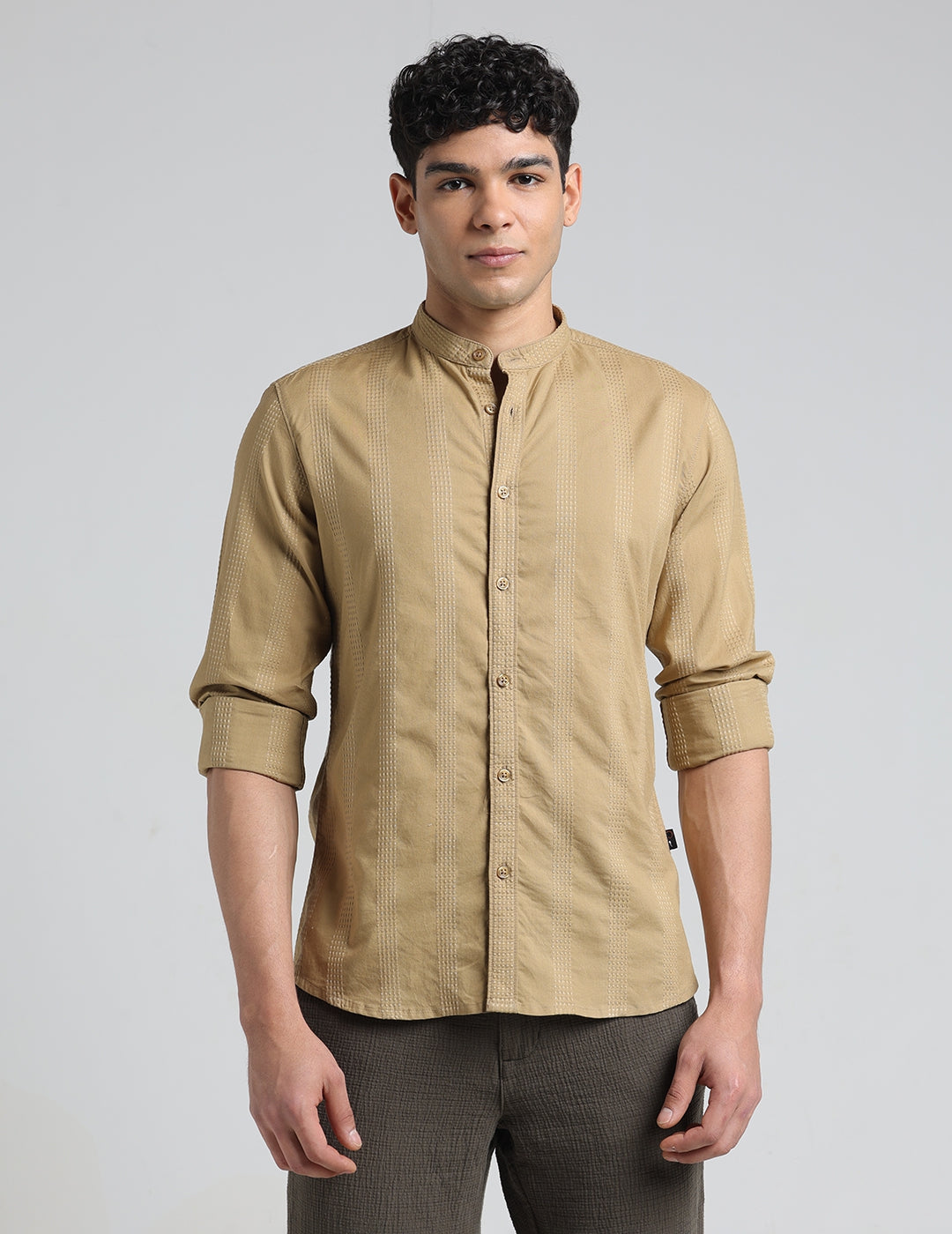 IDENTITI Men Slim Fit Mandarin Collar Solid Shirt In Khaki.