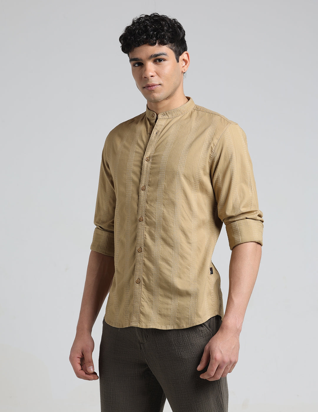 IDENTITI Men Slim Fit Mandarin Collar Solid Shirt In Khaki.