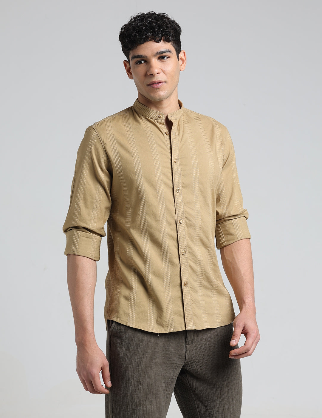 IDENTITI Men Slim Fit Mandarin Collar Solid Shirt In Khaki.