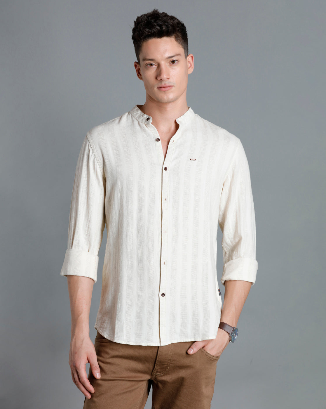IDENTITI Men Slim Fit Mandarin Collar Solid Shirt In Beige.