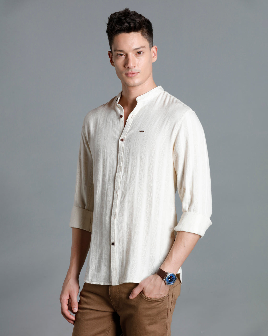 IDENTITI Men Slim Fit Mandarin Collar Solid Shirt In Beige.