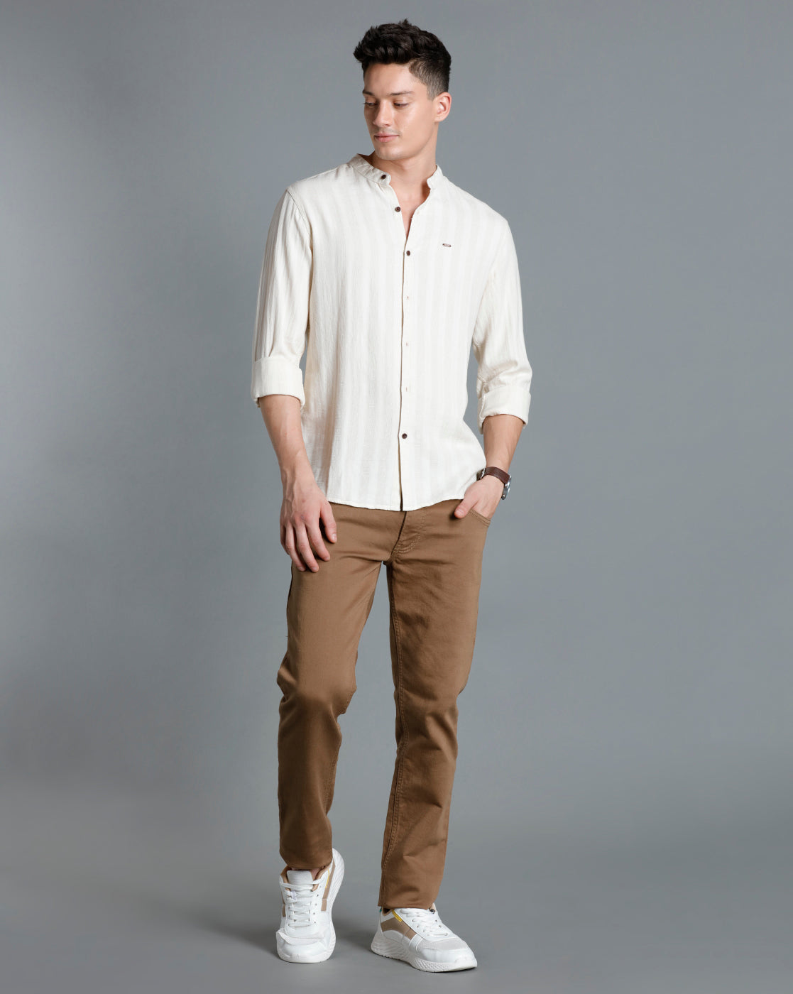 IDENTITI Men Slim Fit Mandarin Collar Solid Shirt In Beige.