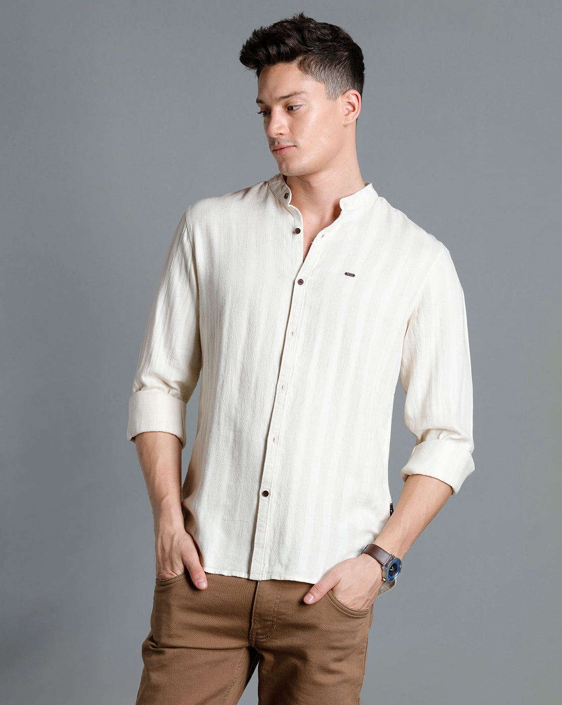 IDENTITI Men Slim Fit Mandarin Collar Solid Shirt In Beige.