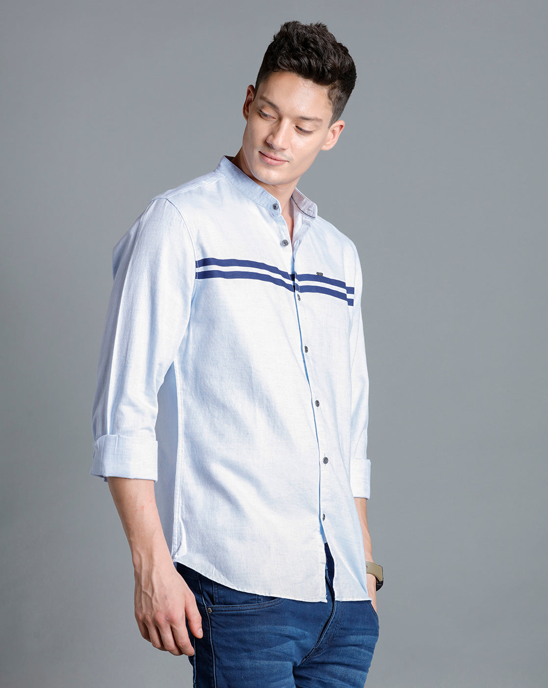 IDENTITI Men Slim Fit Mandarin Collar Solid Shirt In Blue