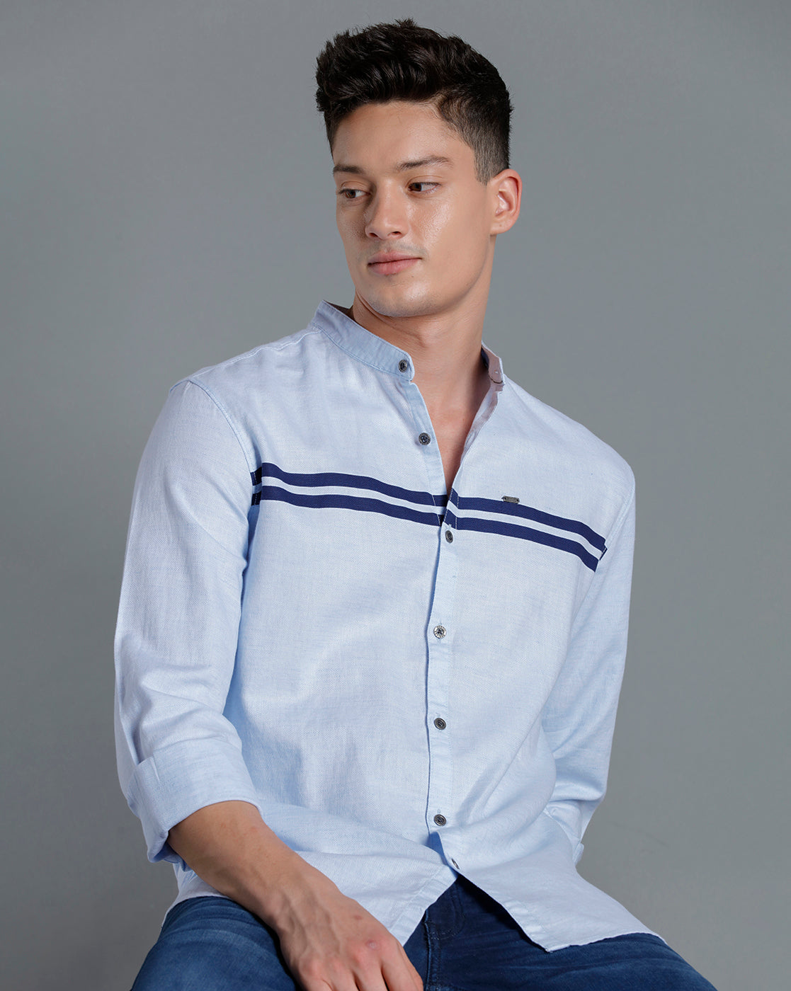IDENTITI Men Slim Fit Mandarin Collar Solid Shirt In Blue