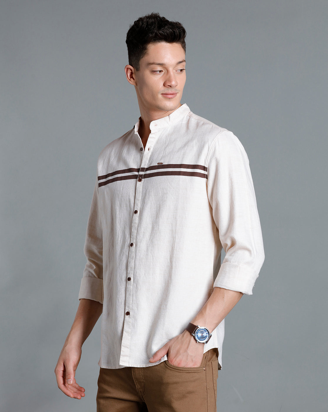 IDENTITI Men Slim Fit Mandarin Collar Solid Shirt In Beige