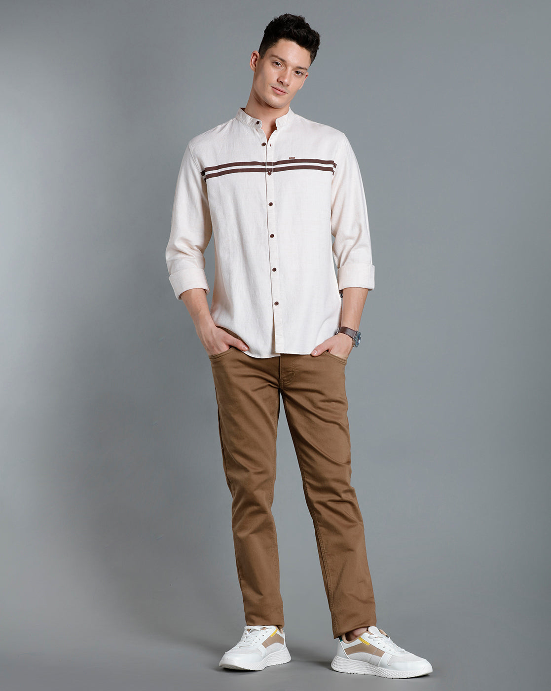 IDENTITI Men Slim Fit Mandarin Collar Solid Shirt In Beige