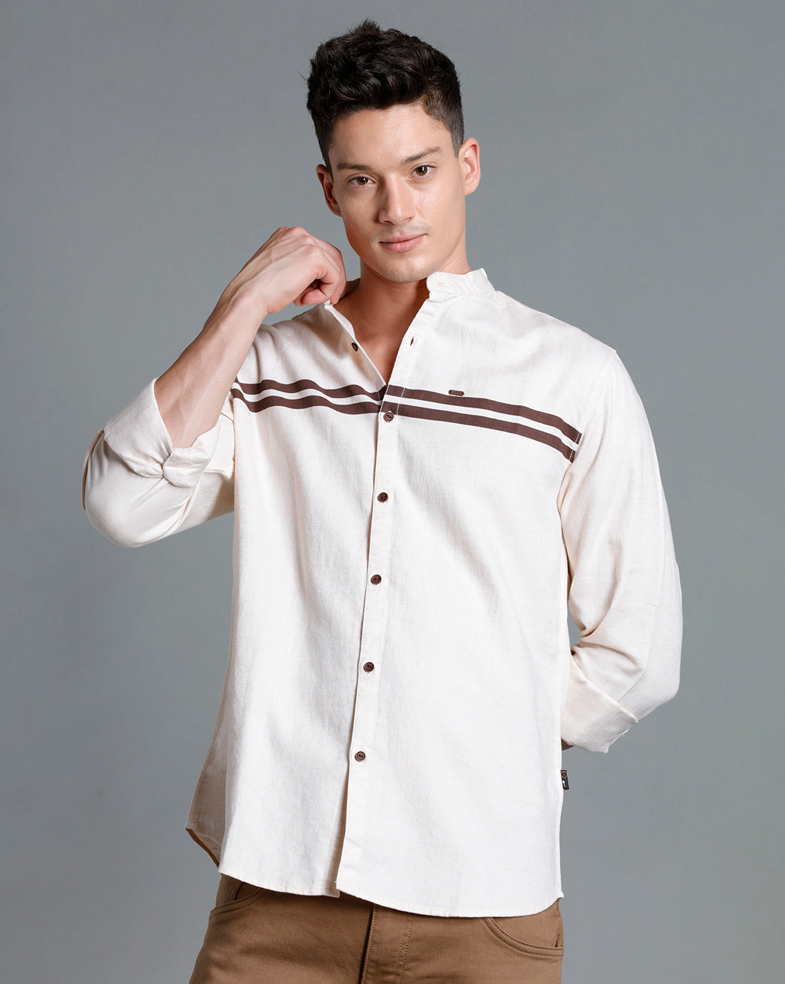 IDENTITI Men Slim Fit Mandarin Collar Solid Shirt In Beige