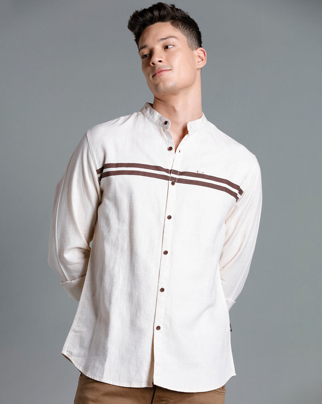 IDENTITI Men Slim Fit Mandarin Collar Solid Shirt In Beige