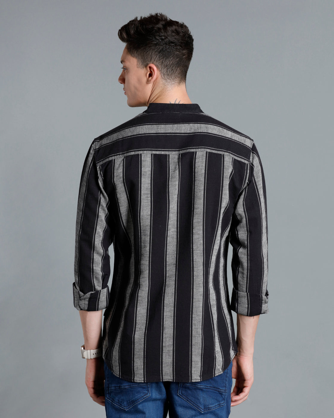 IDENTITI Men Slim Fit Mandarin Collar Striped Shirt In Black